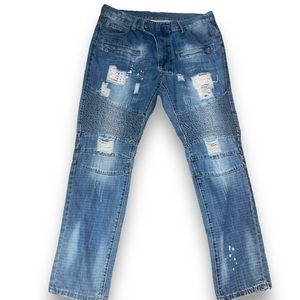 Feeson distressed bleach splatter Moto jeans